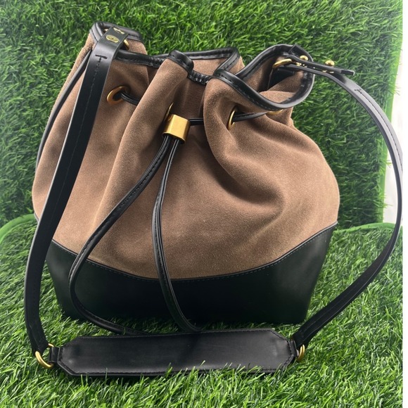 ZARA Brown Suede Bucket Bag Black Leather Trim Drawstring Crossbody Chic City - Picture 2 of 13